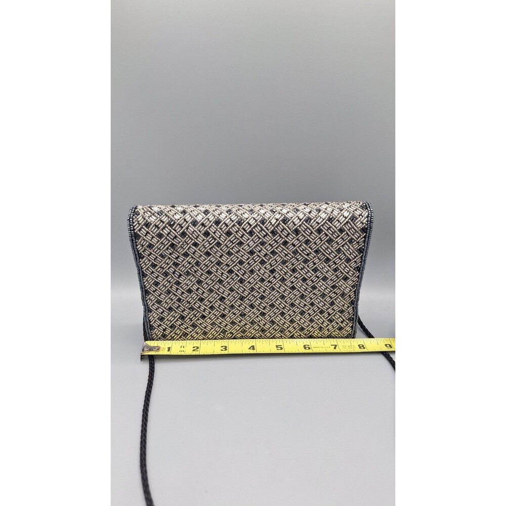 BLACK EVENING BAG - BECHAMEL - SILVER BEADED SATIN - WITH SHOULDER STRAP
